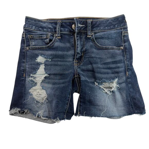 American Eagle Pants - American‎ Eagle Midi Next Level Stretch Distressed Denim Jean Shorts Size 2